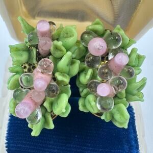 Antique Italy Venetian Murano handmade blown pink green glass clip on earrings